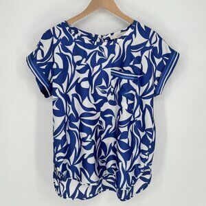 Loft Womens Satin Blouse Abstract Swirl Print Size S Blue & White Short Sleeve